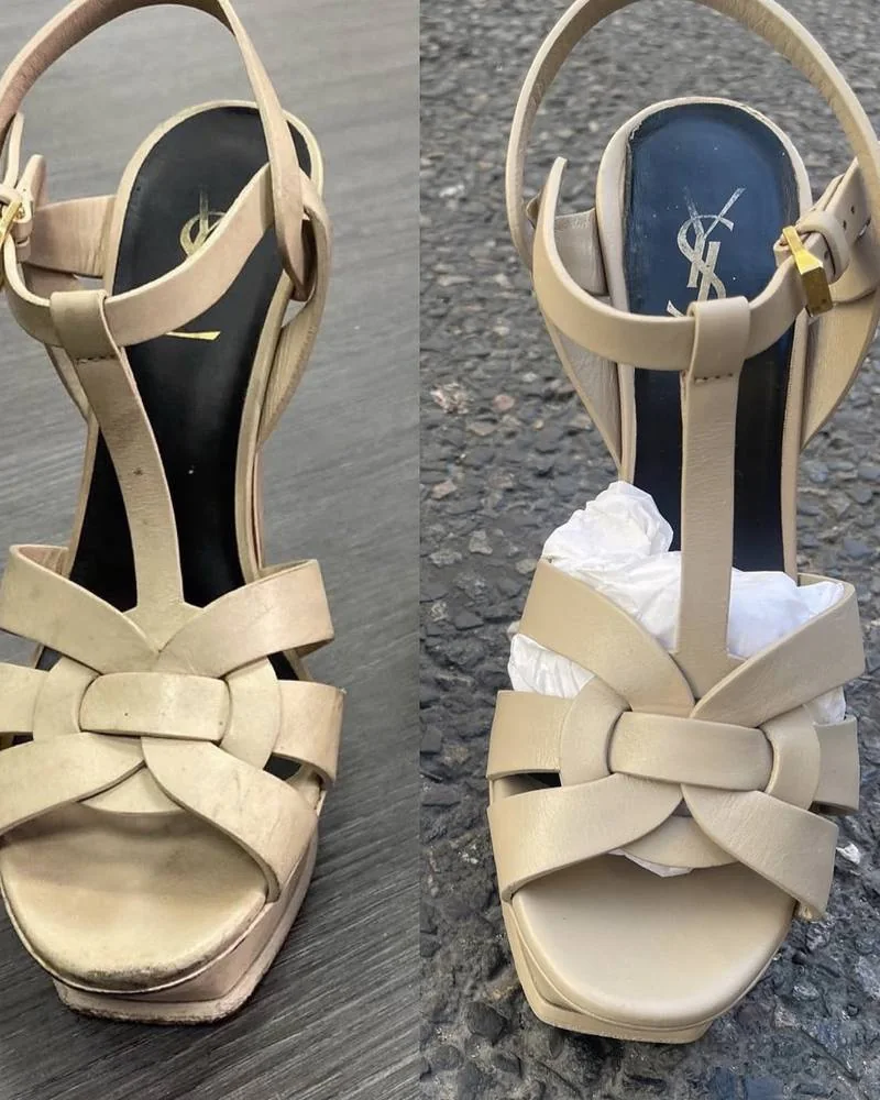 Sandales à talons beiges avant et après nettoyage